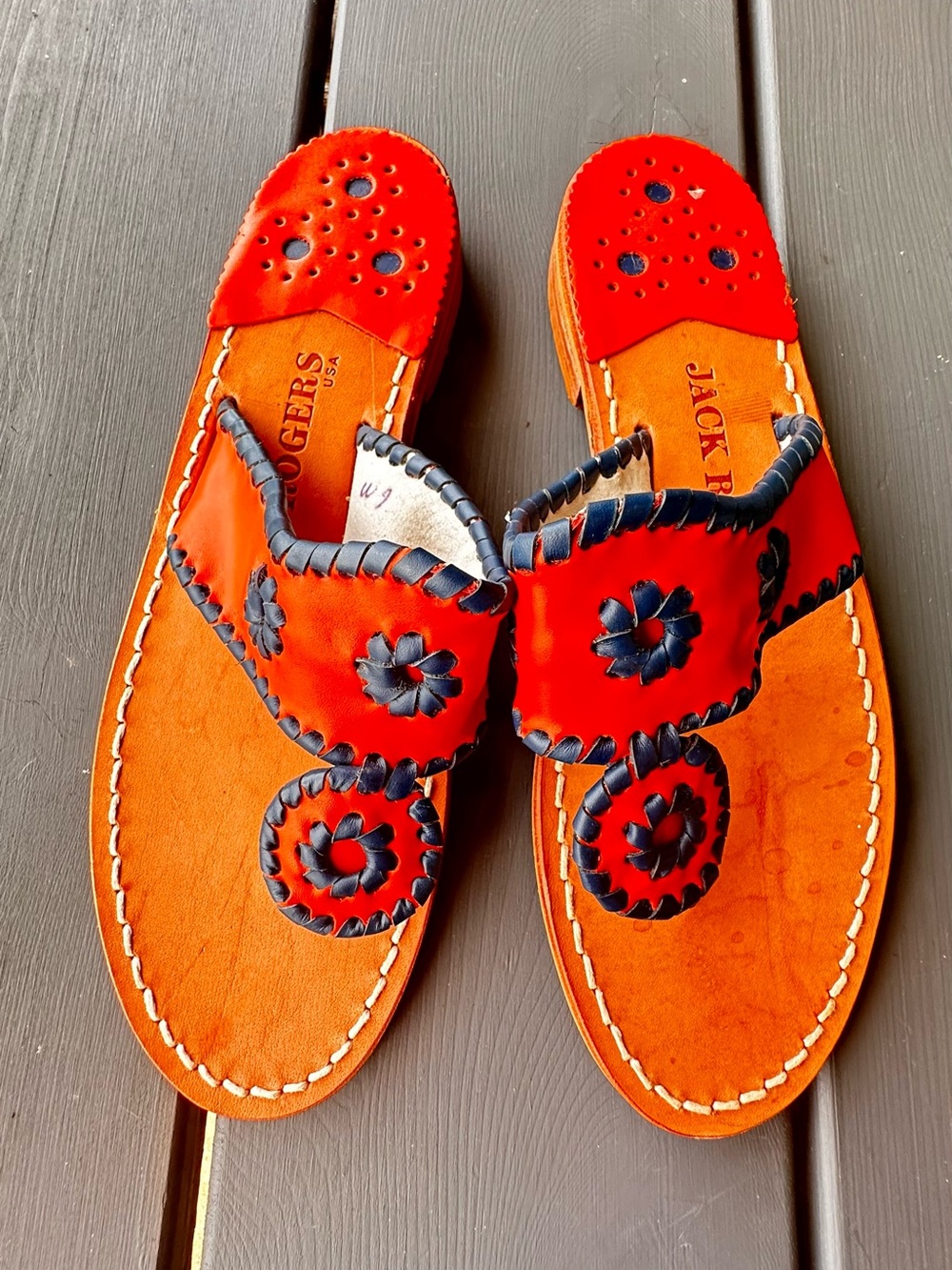 Jack Rogers Women’s Red Leather Sandals with Navy Accent size 6